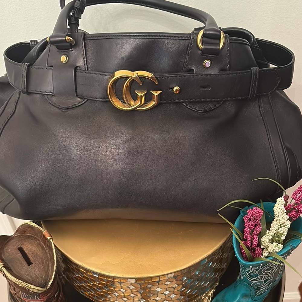 Running GG Large Tote Black and Gold leather Tote Bag with Double G Logo